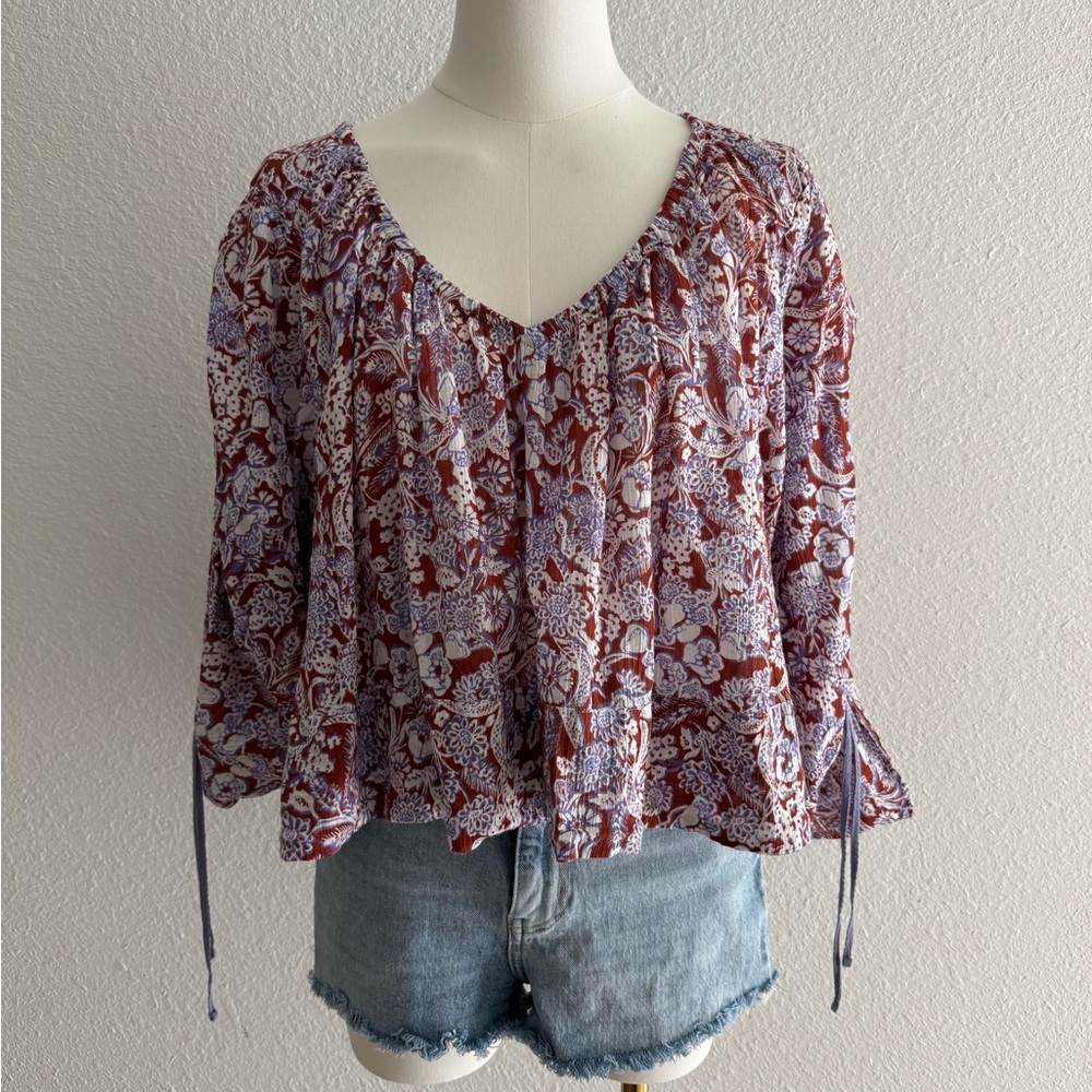 Anthropologie Rust and Light Blue Floral Peasant Blouse